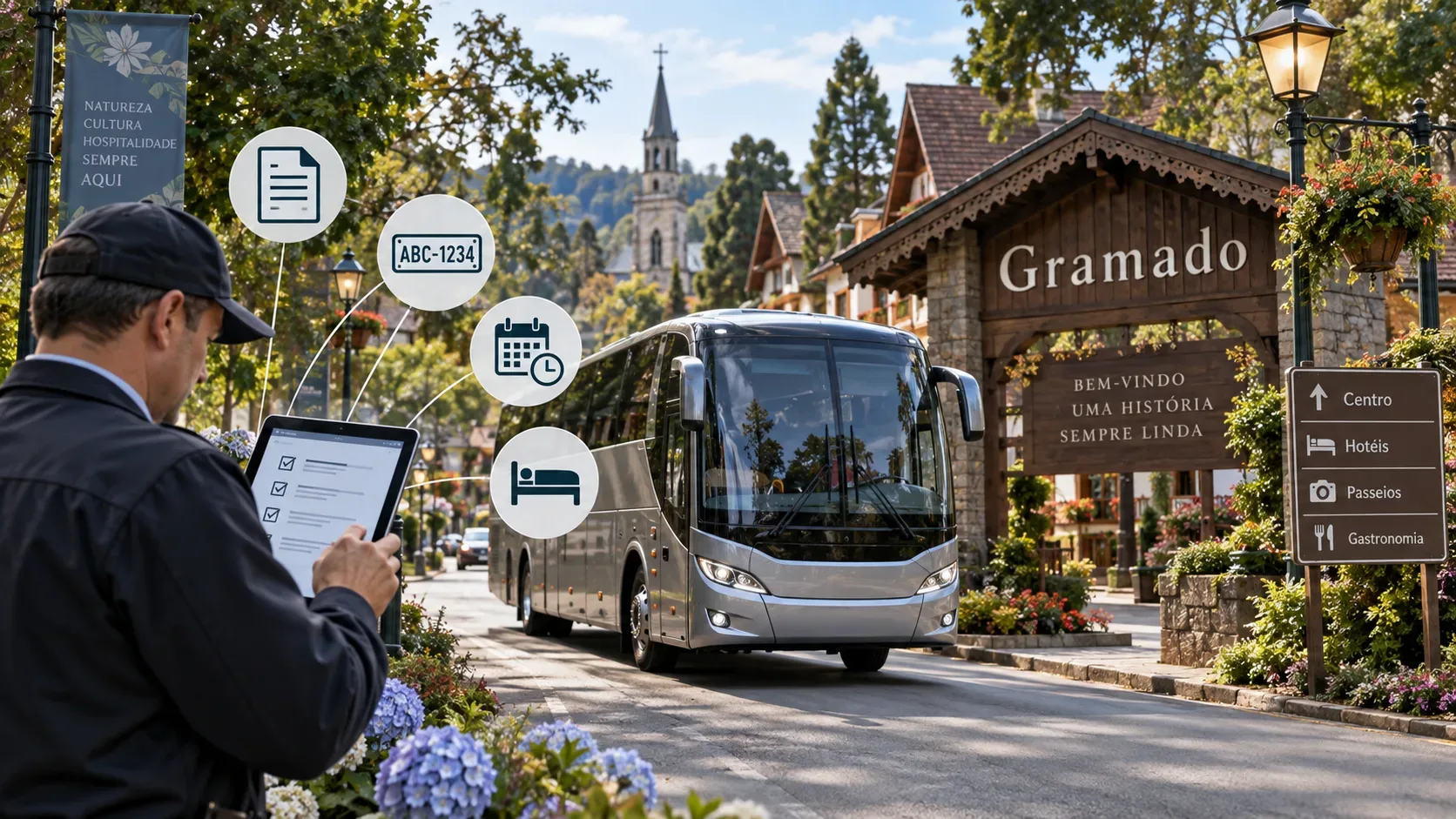 Ônibus de turismo chegando a uma rua arborizada de Gramado enquanto um organizador confere o cadastro em um tablet, com ícones de viagem ao lado.