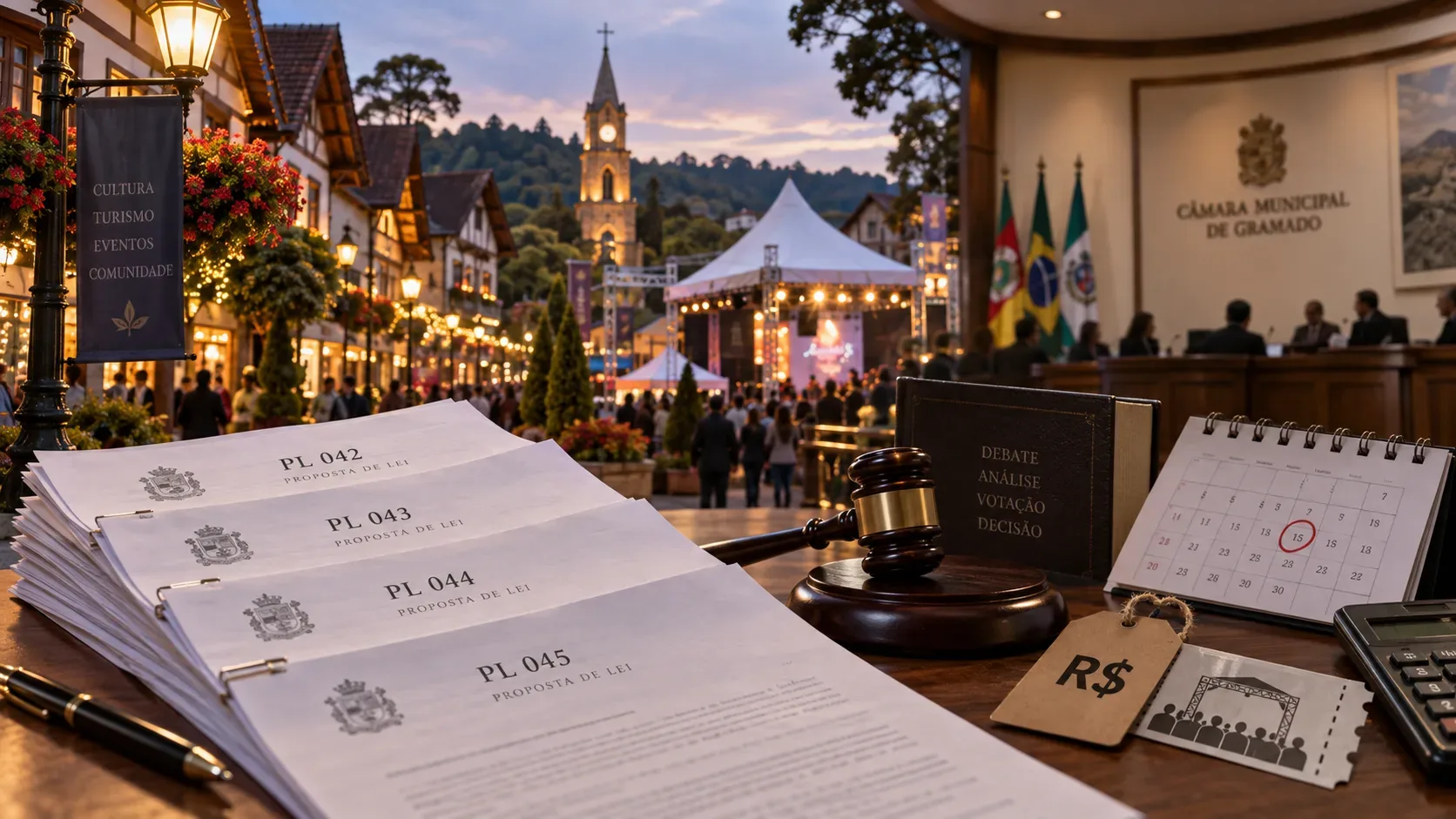 Documentos identificados como PL 042 a PL 045 sobre uma mesa com martelo, calendário e símbolo de cobrança, com área de eventos e plenário municipal de Gramado ao fundo.