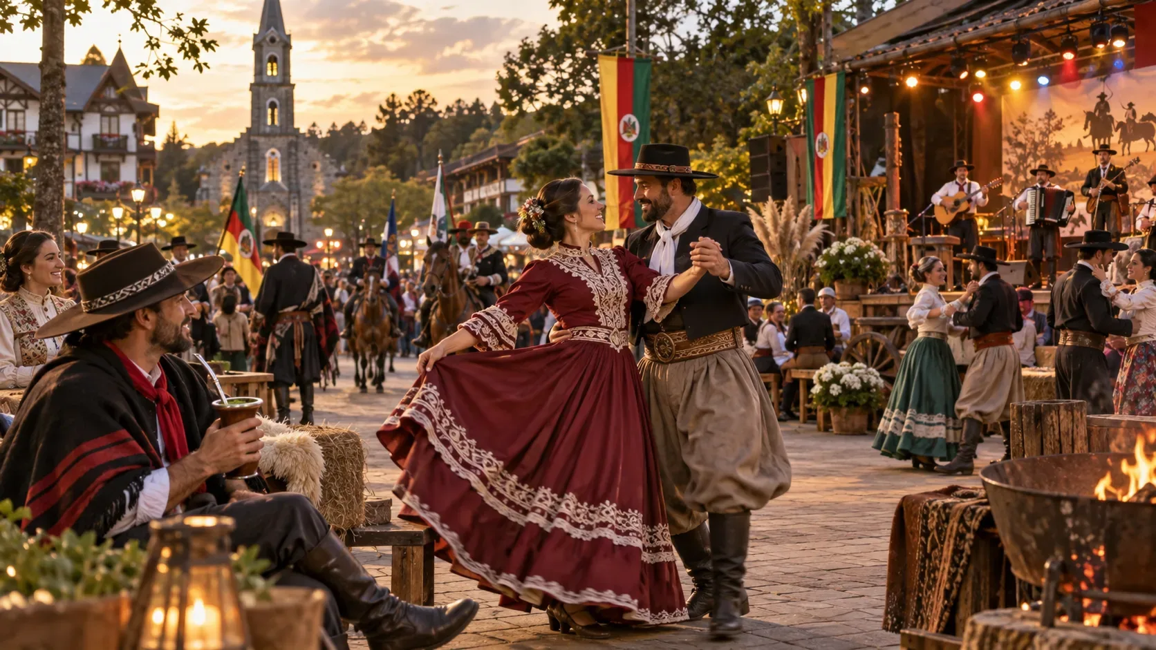 Festa tradicional gaúcha ao entardecer em praça de Gramado, com casal dançando, músicos no palco, cavaleiros ao fundo e chimarrão.