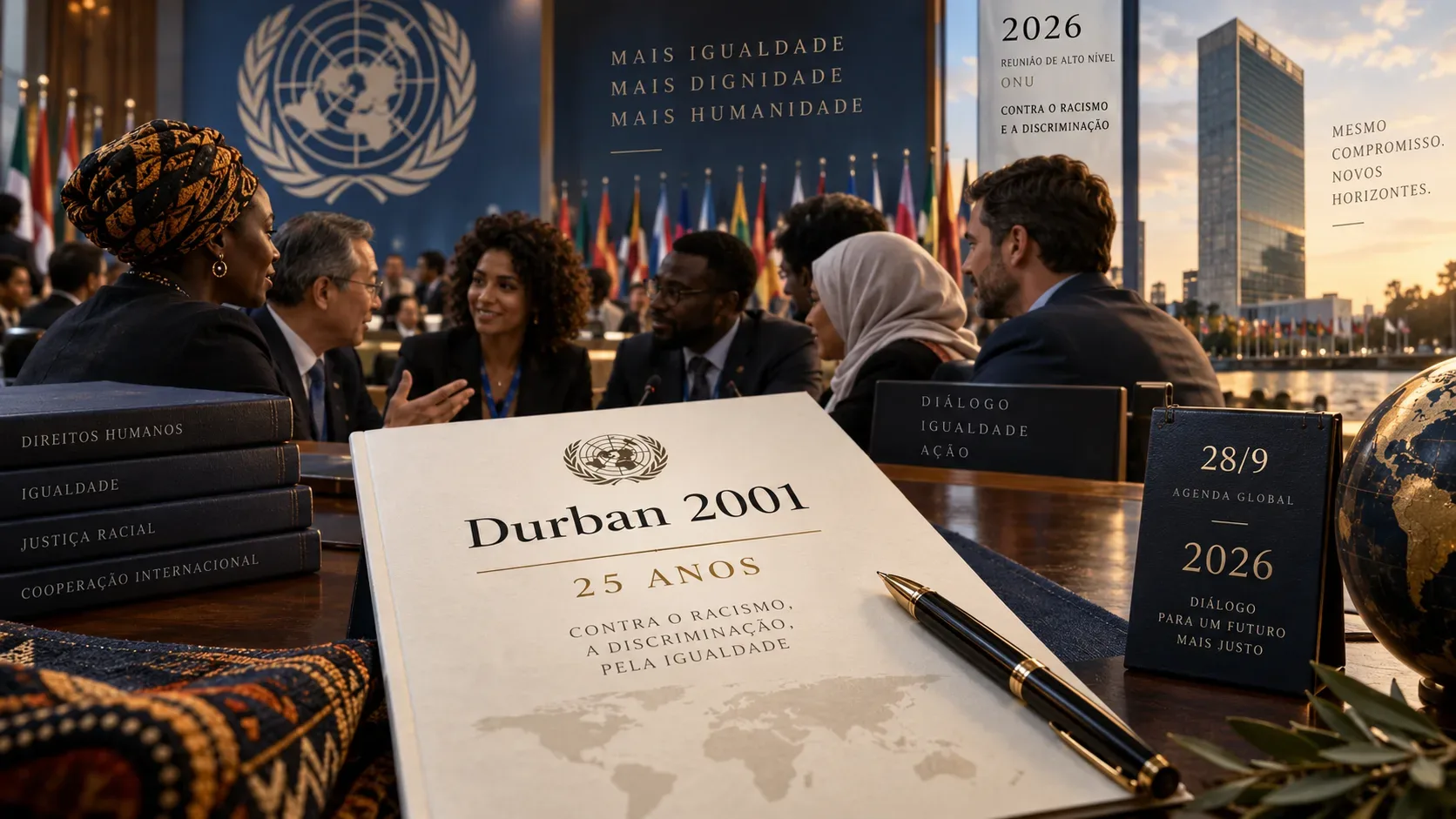 Delegados de diferentes origens conversam em ambiente diplomático da ONU diante de um documento com referência a Durban 2001 e aos 25 anos, com o edifício das Nações Unidas ao fundo.