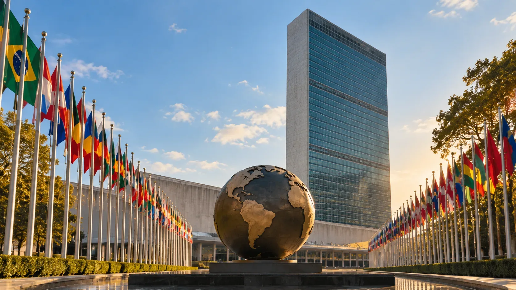 Globo metálico diante da sede da ONU, enquadrado por fileiras de bandeiras nacionais sob céu azul.