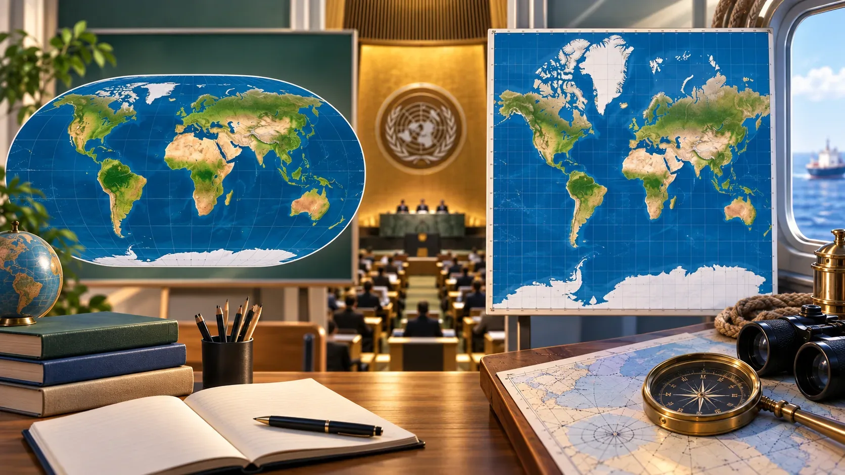 Dois mapas-múndi lado a lado, um oval com áreas continentais mais equilibradas e outro retangular com regiões polares ampliadas, diante de um ambiente de assembleia e instrumentos de navegação.