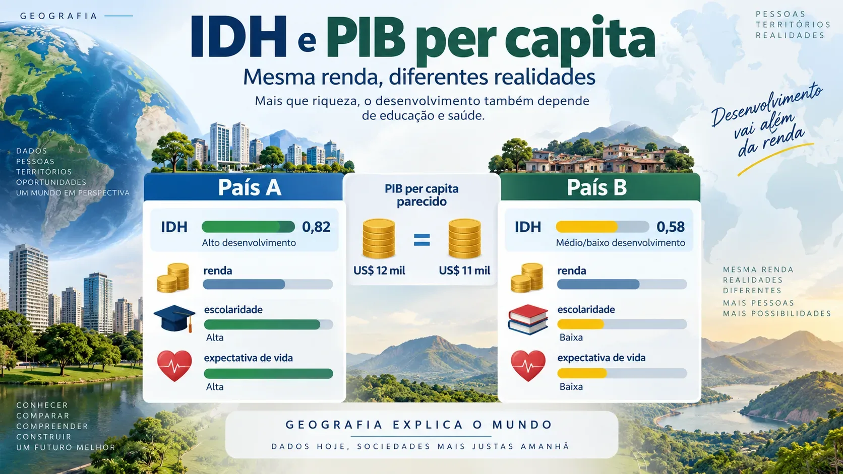 Infográfico de comparação entre os países fictícios A e B, com PIB per capita parecido, barras de IDH, moedas, livros e corações para escolaridade e expectativa de vida.