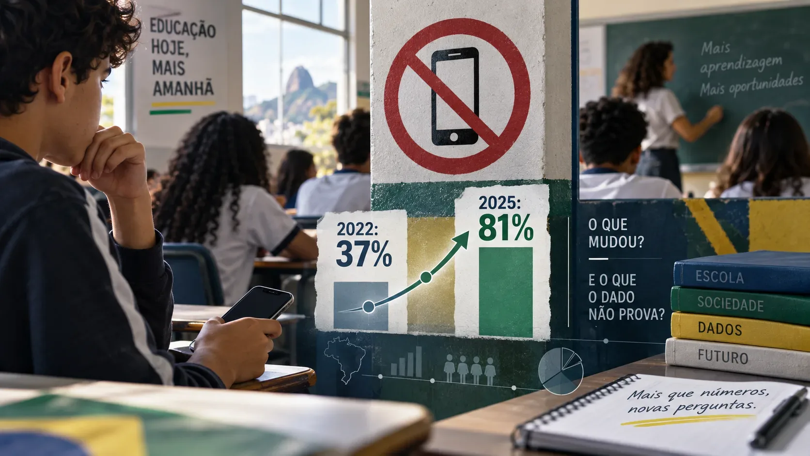 Estudante em sala de aula segura um celular diante de símbolo de proibição, com gráficos destacando 37% em 2022 e 81% em 2025 e elementos escolares ao fundo.