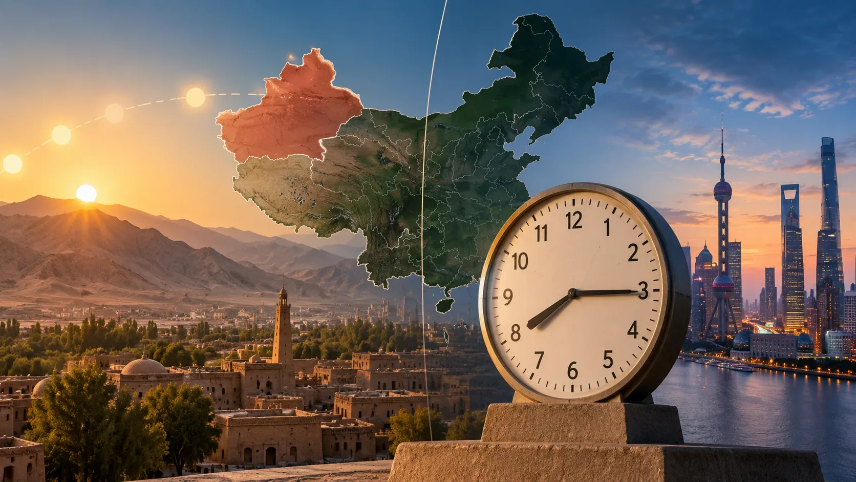 Mapa da China sobre paisagens de Xinjiang e Xangai, com um grande relógio analógico destacando o contraste entre o horário oficial e a luz solar no oeste do país.