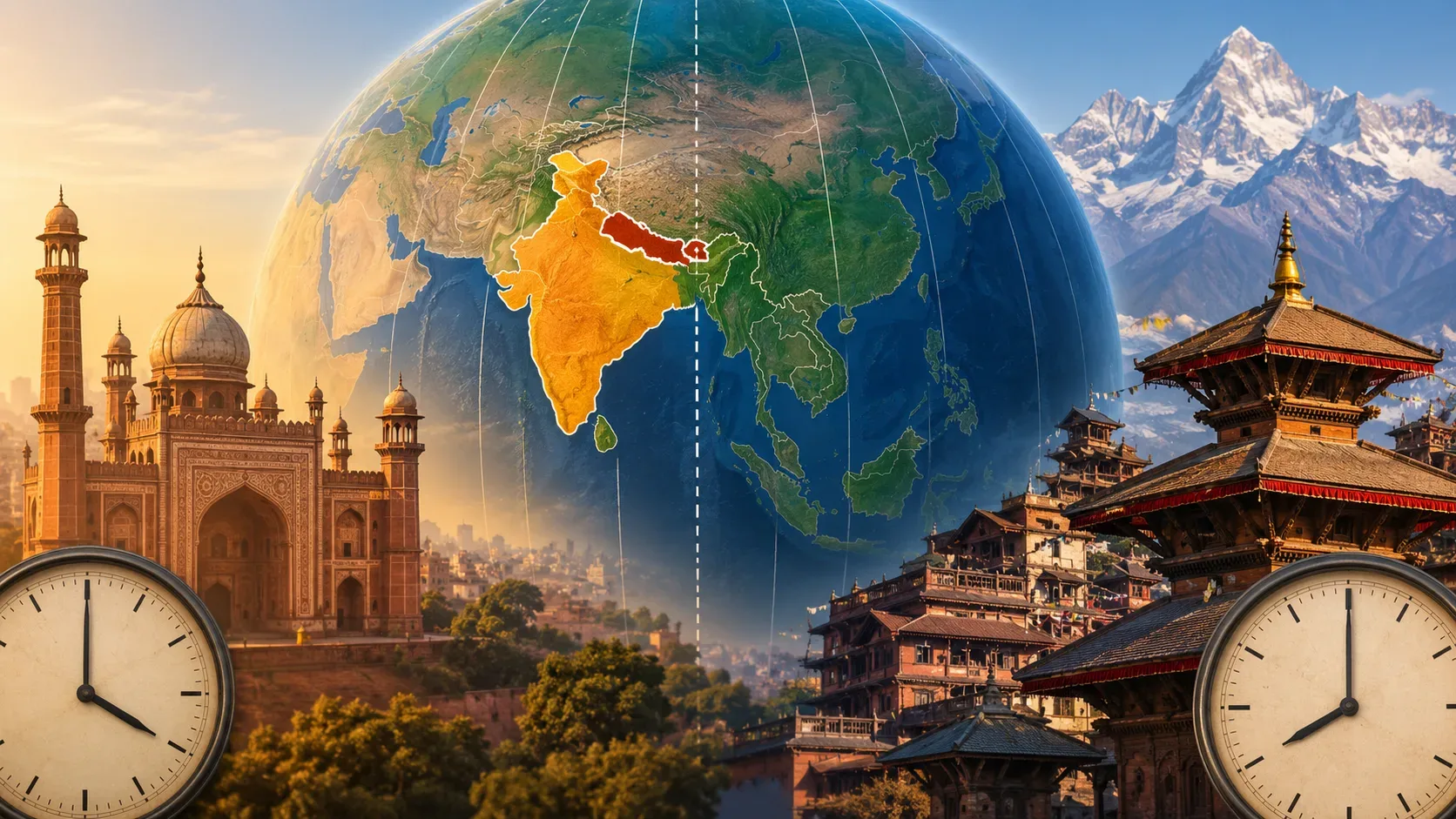 Globo centrado na Ásia com Índia e Nepal destacados, linhas de meridianos, dois relógios e paisagens arquitetônicas dos dois países.
