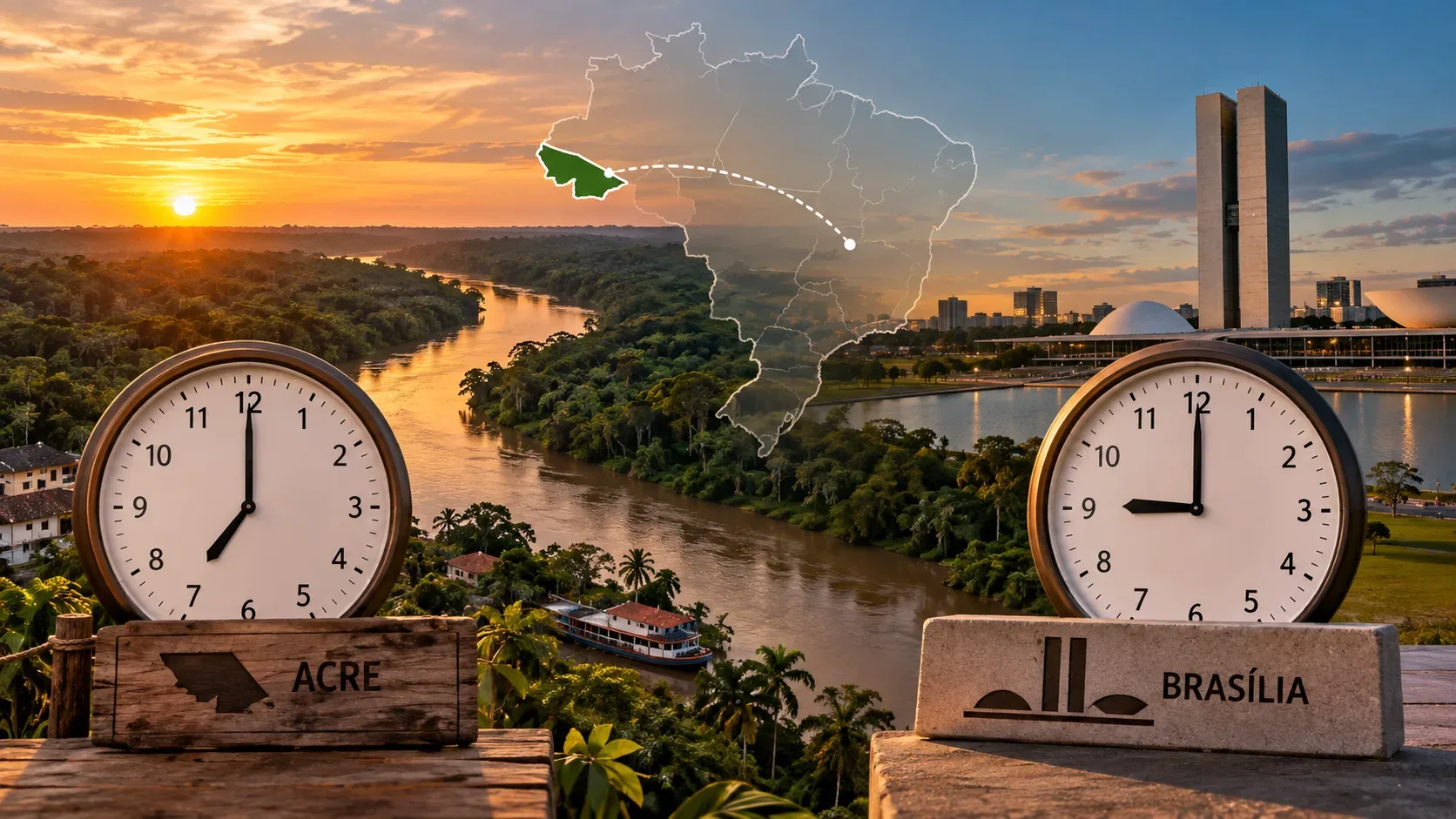 Dois relógios sobre paisagens do Acre e de Brasília, com mapa do Brasil ao centro destacando o Acre e uma conexão visual entre os dois lugares.