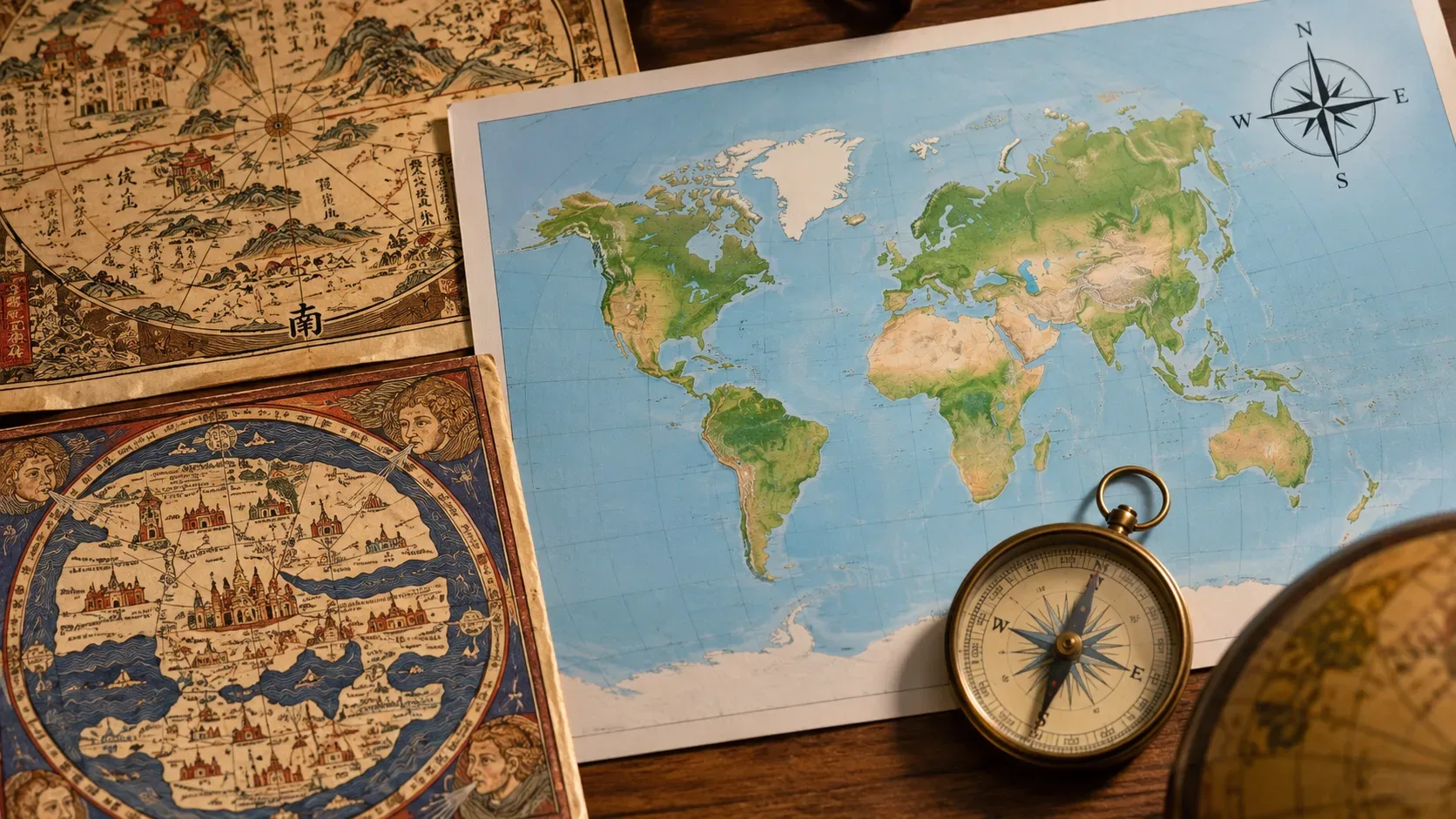 Mapas históricos e um mapa-múndi moderno sobre uma mesa, acompanhados por uma bússola de latão e parte de um globo.
