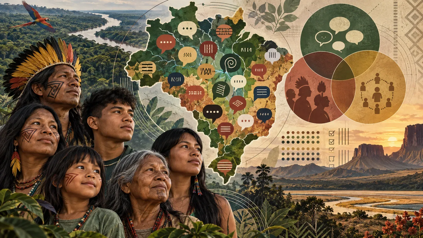 Colagem editorial com mapa do Brasil, balões de fala, símbolos de dados e um grupo de pessoas indígenas diante de paisagens brasileiras, representando diversidade linguística e pertencimentos sobrepostos.