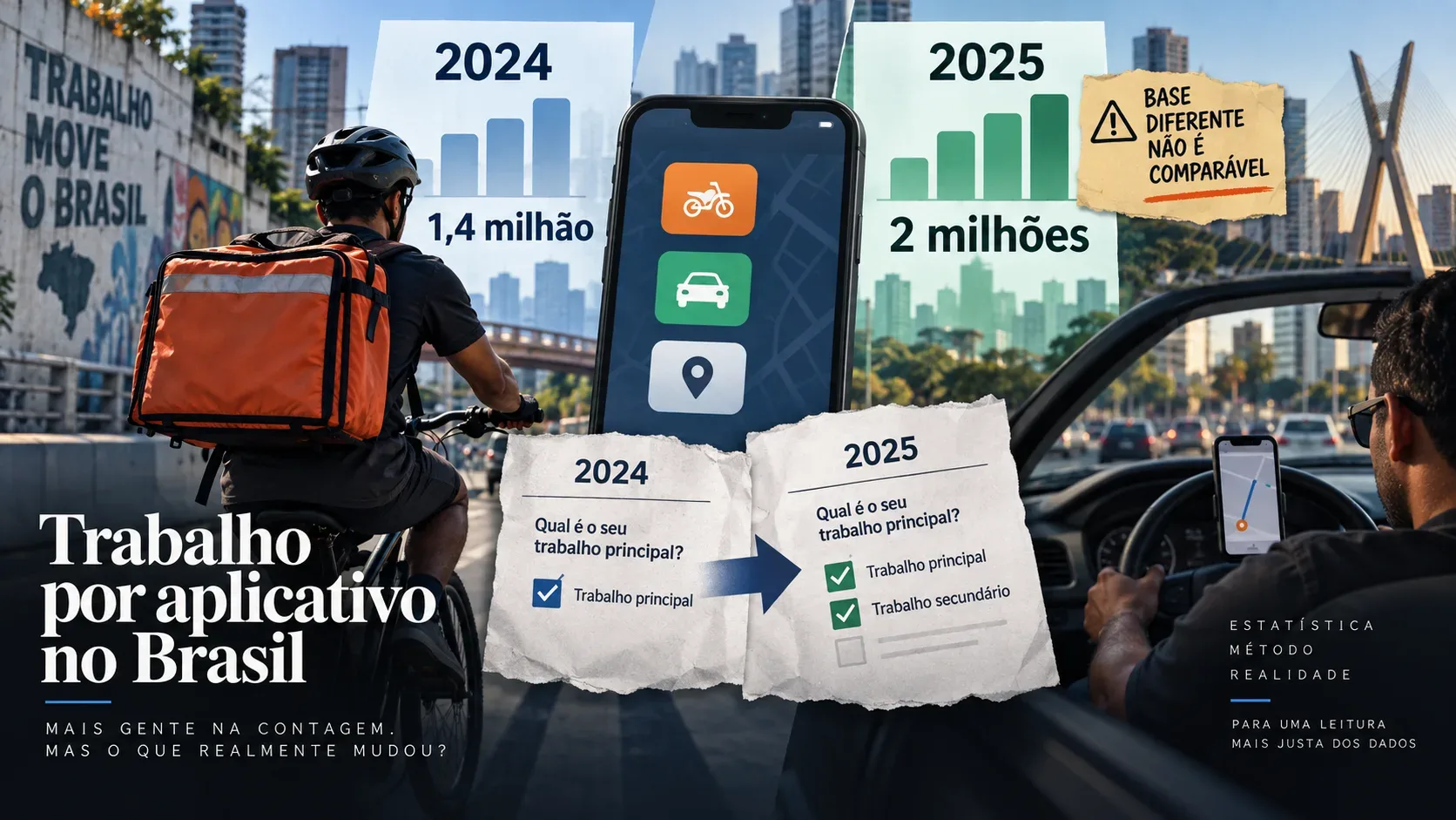 Montagem editorial com entregador de bicicleta, motorista de aplicativo, smartphone e painéis de 2024 e 2025 destacando a mudança de base da pesquisa.