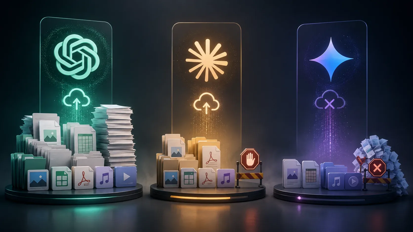 Três painéis futuristas de assistentes de IA lado a lado, com pilhas de documentos e ícones de arquivos, nuvens de upload e barreiras que sugerem diferentes capacidades e falhas de envio.