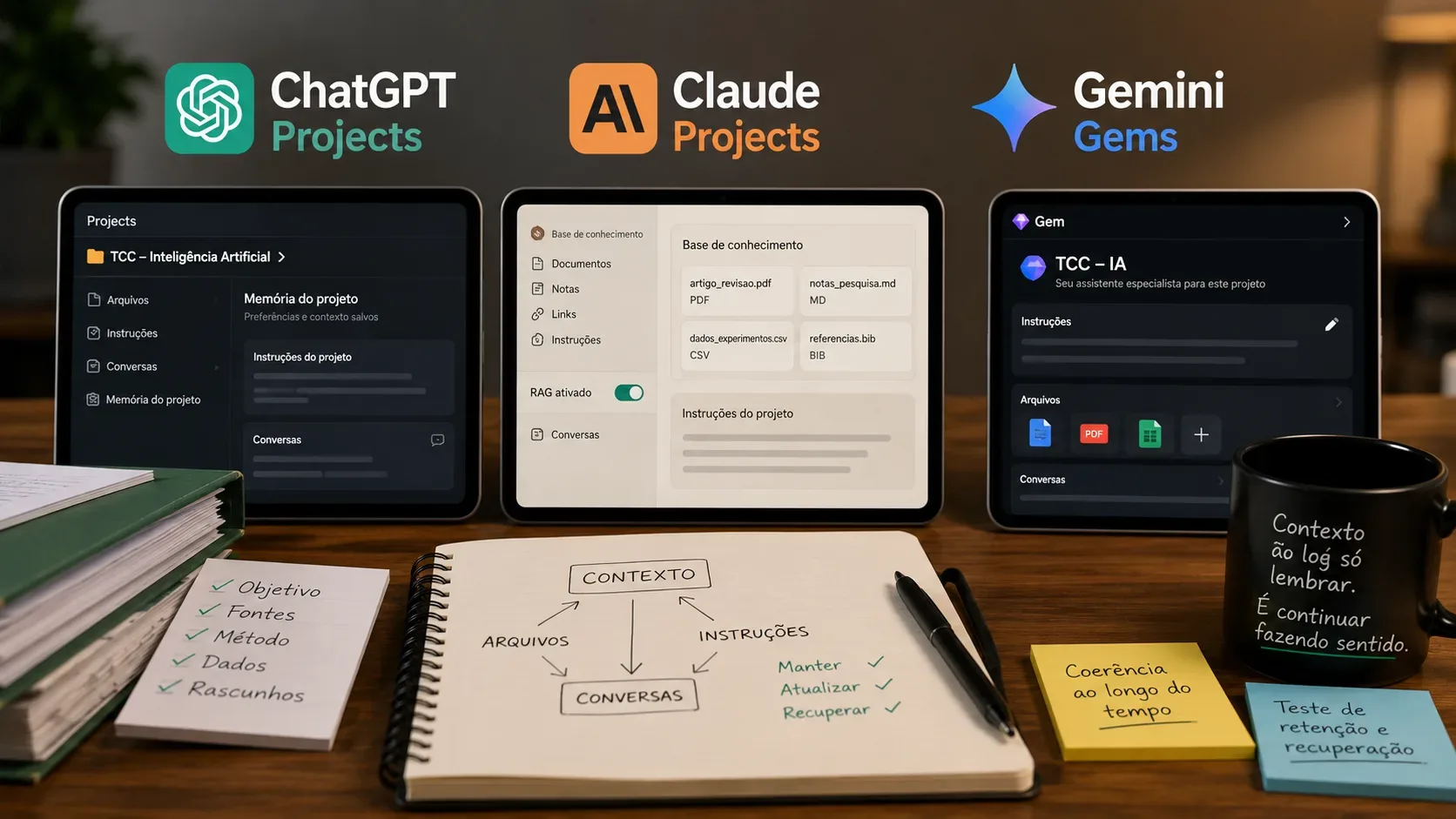 Três tablets lado a lado representam ChatGPT Projects, Claude Projects e Gemini Gems, com arquivos, instruções e anotações sobre contexto em uma mesa de trabalho.