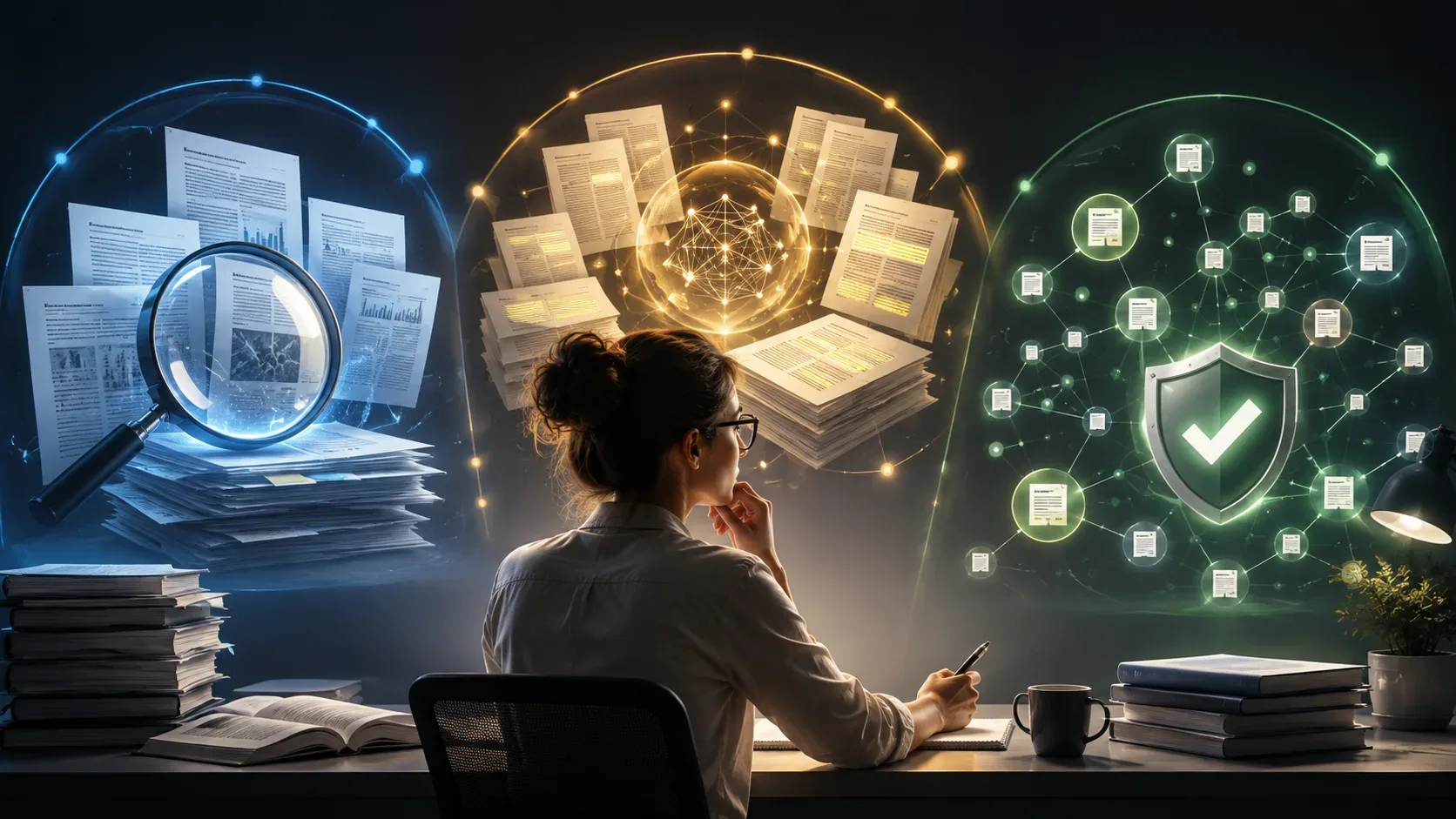 Pesquisadora diante de três áreas visuais com artigos científicos, rede de citações e símbolo de verificação.
