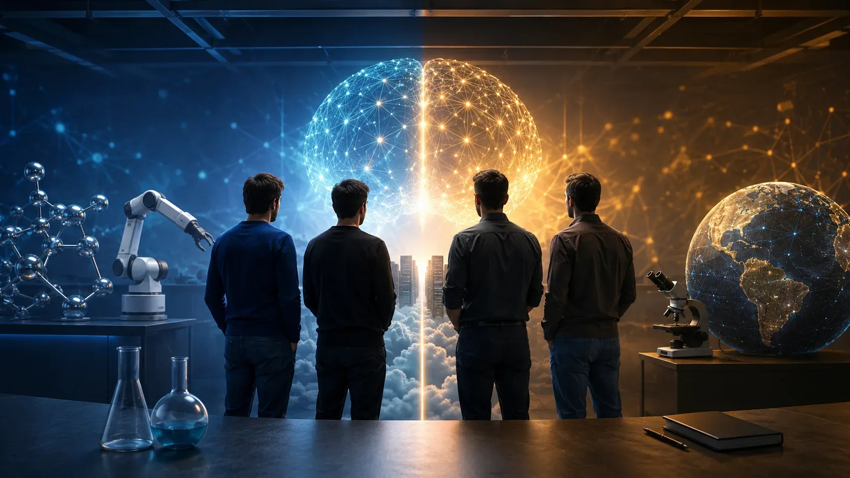 Composição editorial representando a reorganização da inteligência artificial no Google e a criação da Discovery Loop, com referências a modelos e pesquisa científica.