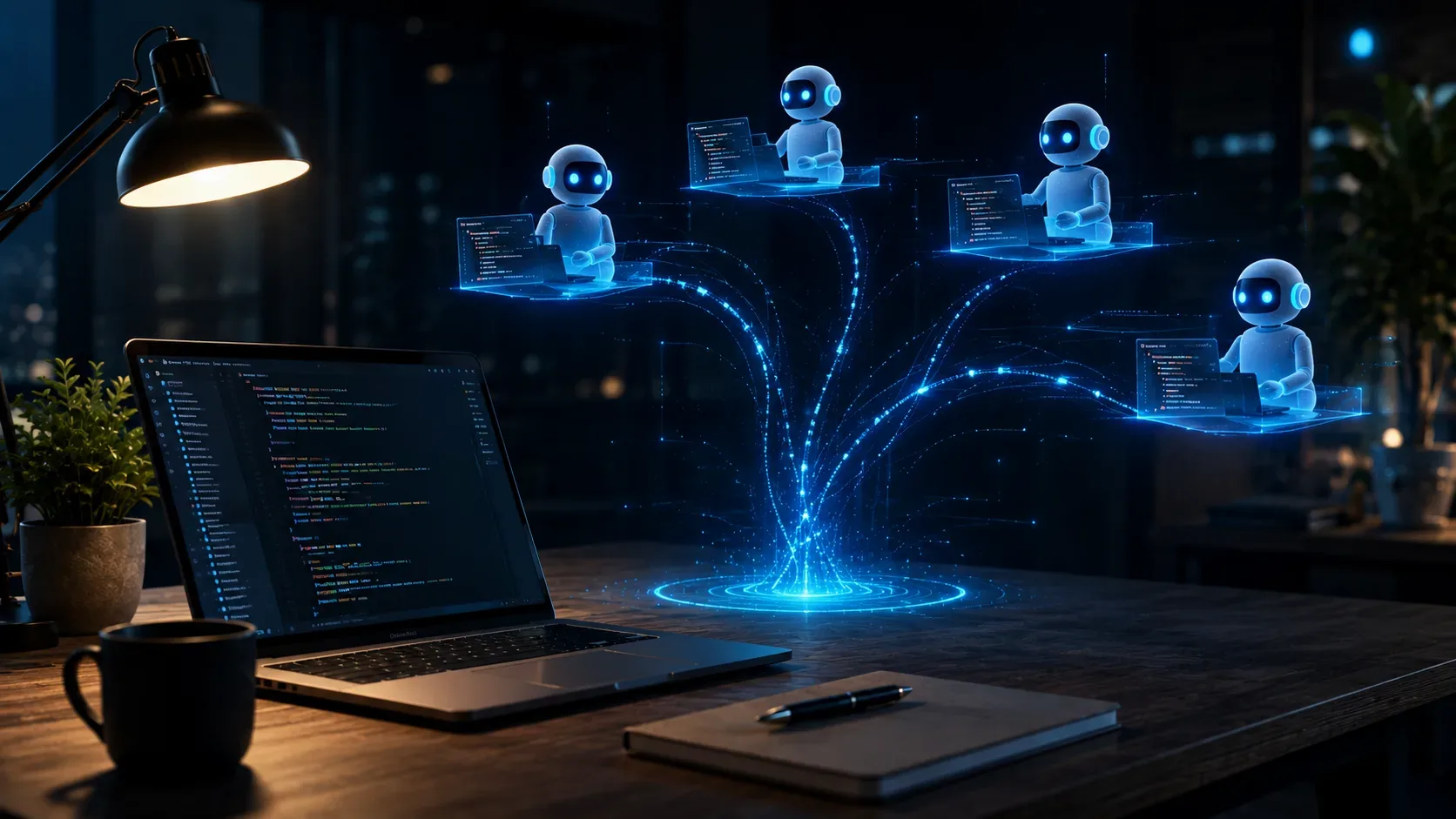 Terminal de desenvolvimento genérico com múltiplos agentes de IA trabalhando em paralelo sobre um repositório de código, sem logos ou interface real.