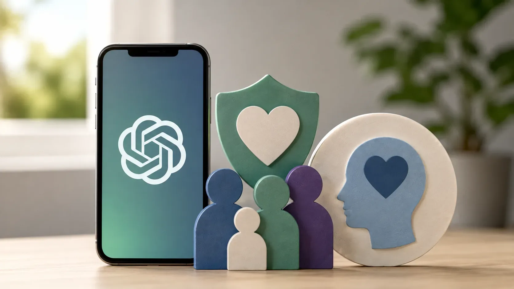 Smartphone genérico ao lado de símbolos abstratos de proteção e diálogo, representando segurança no uso de inteligência artificial por jovens.