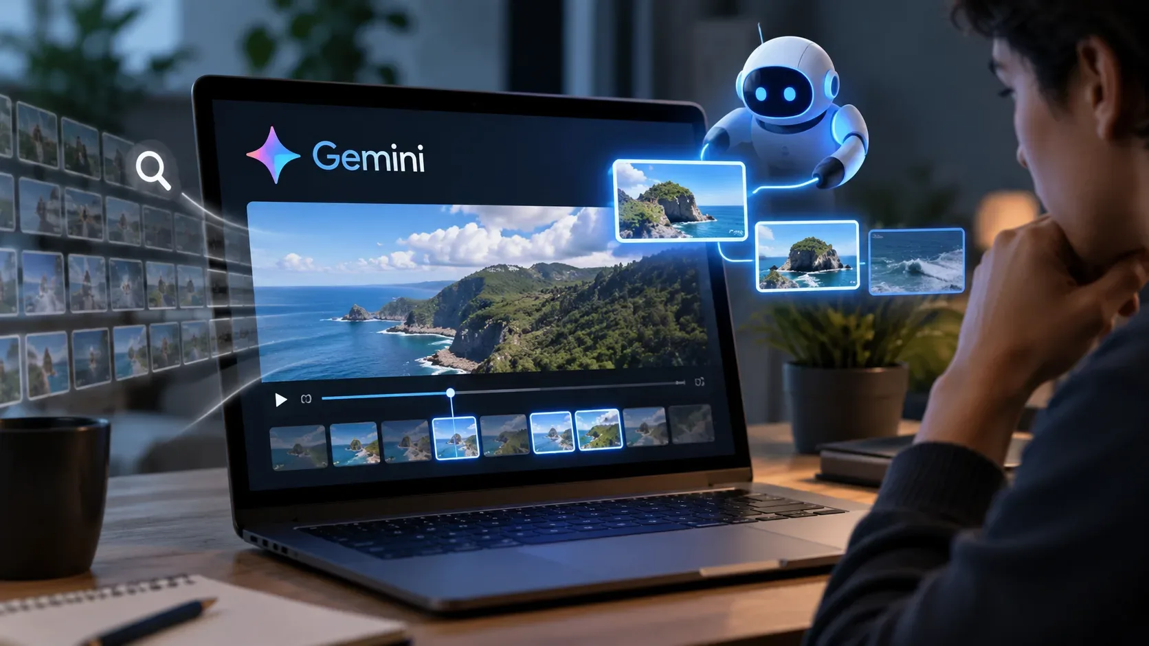 Pessoa diante de um laptop com interface do Gemini analisando um vídeo costeiro, trechos destacados e um robô digital ao lado.