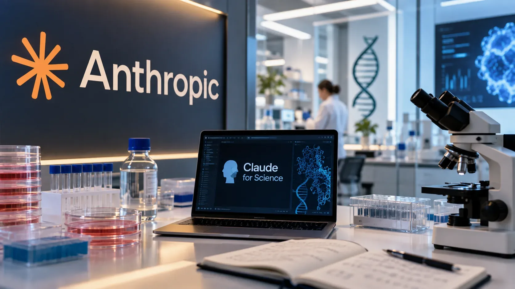 Bancada de laboratório com microscópio, placas, tubos e notebook exibindo Claude for Science ao lado do logotipo da Anthropic.