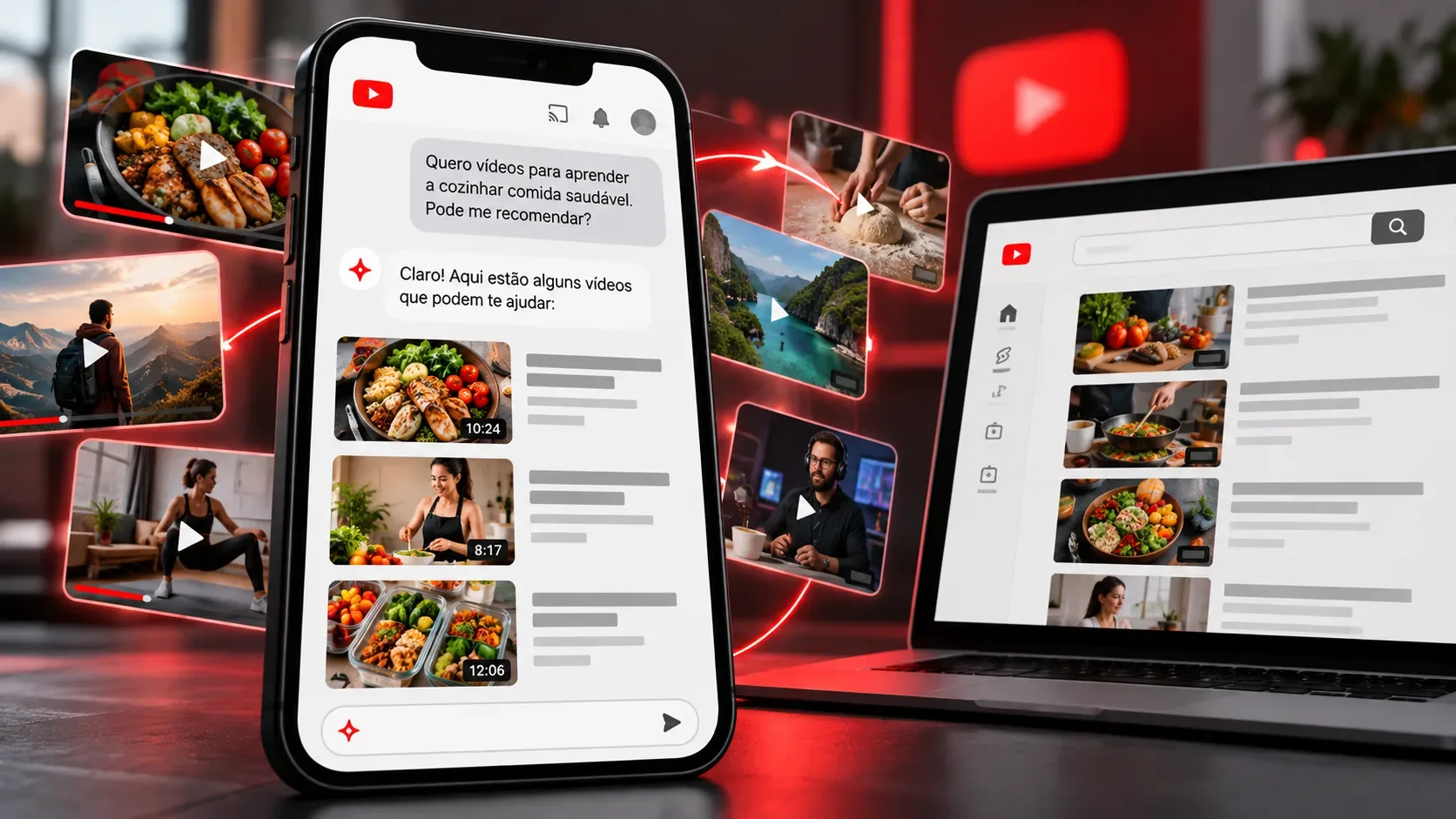 Smartphone com conversa de recomendações de vídeos culinários, miniaturas flutuantes e notebook com lista tradicional de resultados de busca do YouTube.
