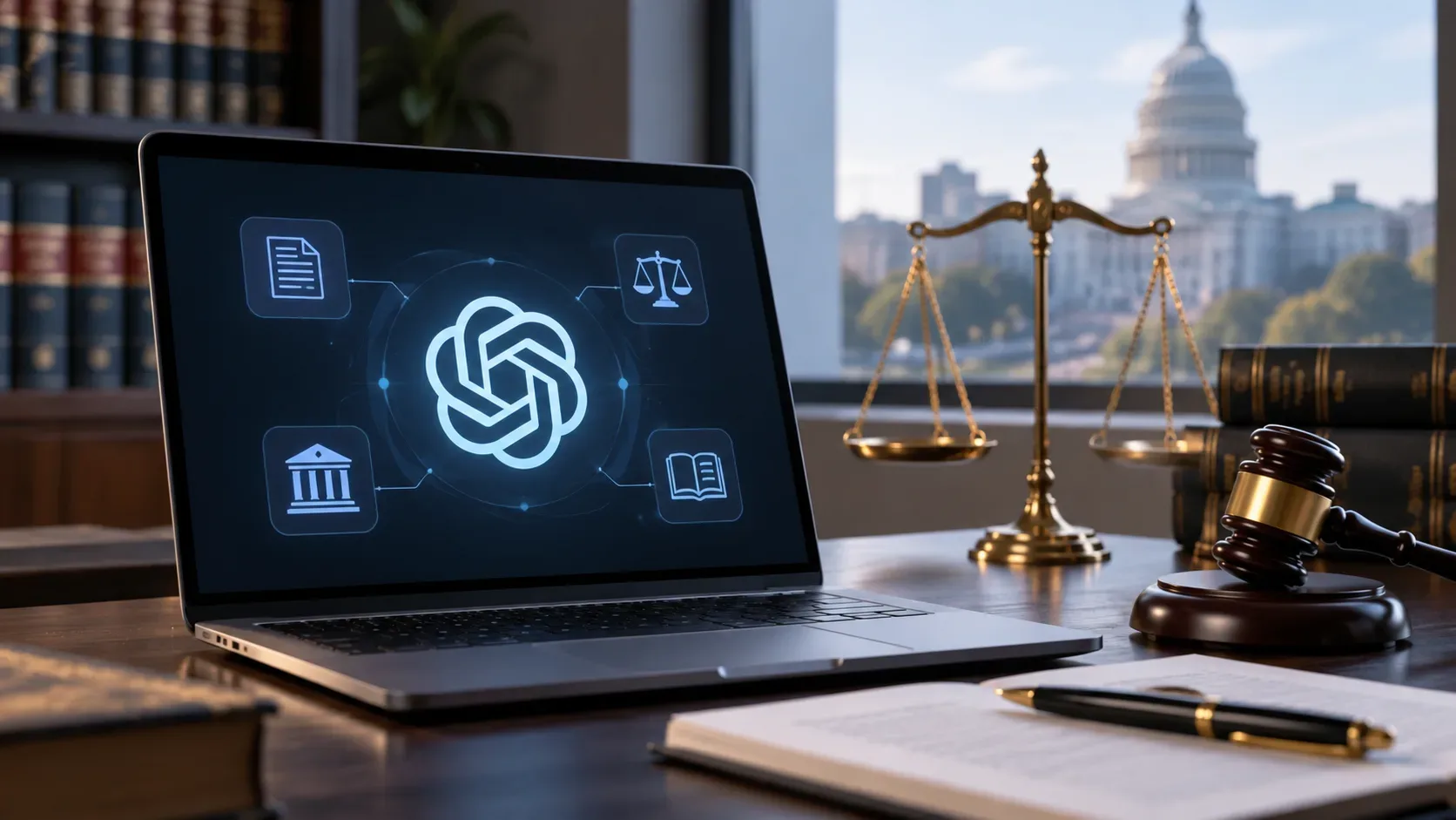 Laptop exibindo o símbolo da OpenAI e ícones jurídicos ao lado de balança da Justiça, martelo e livros em um escritório.