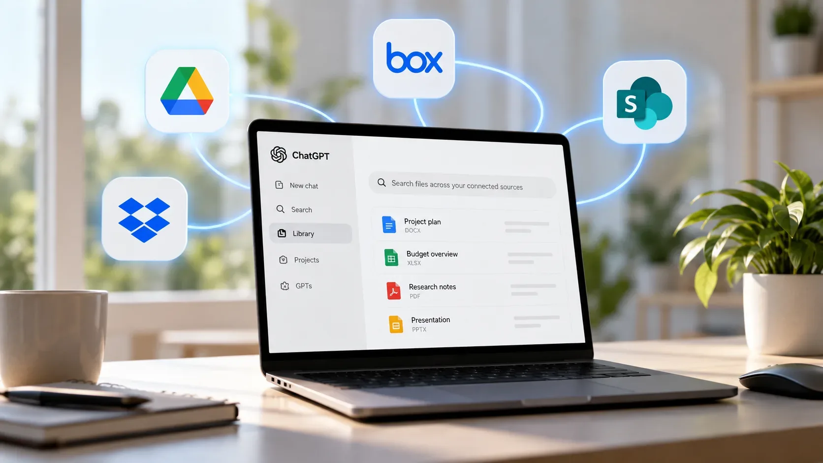 Notebook com a Library do ChatGPT aberta e ícones do Google Drive, Box, Dropbox e SharePoint conectados ao redor.