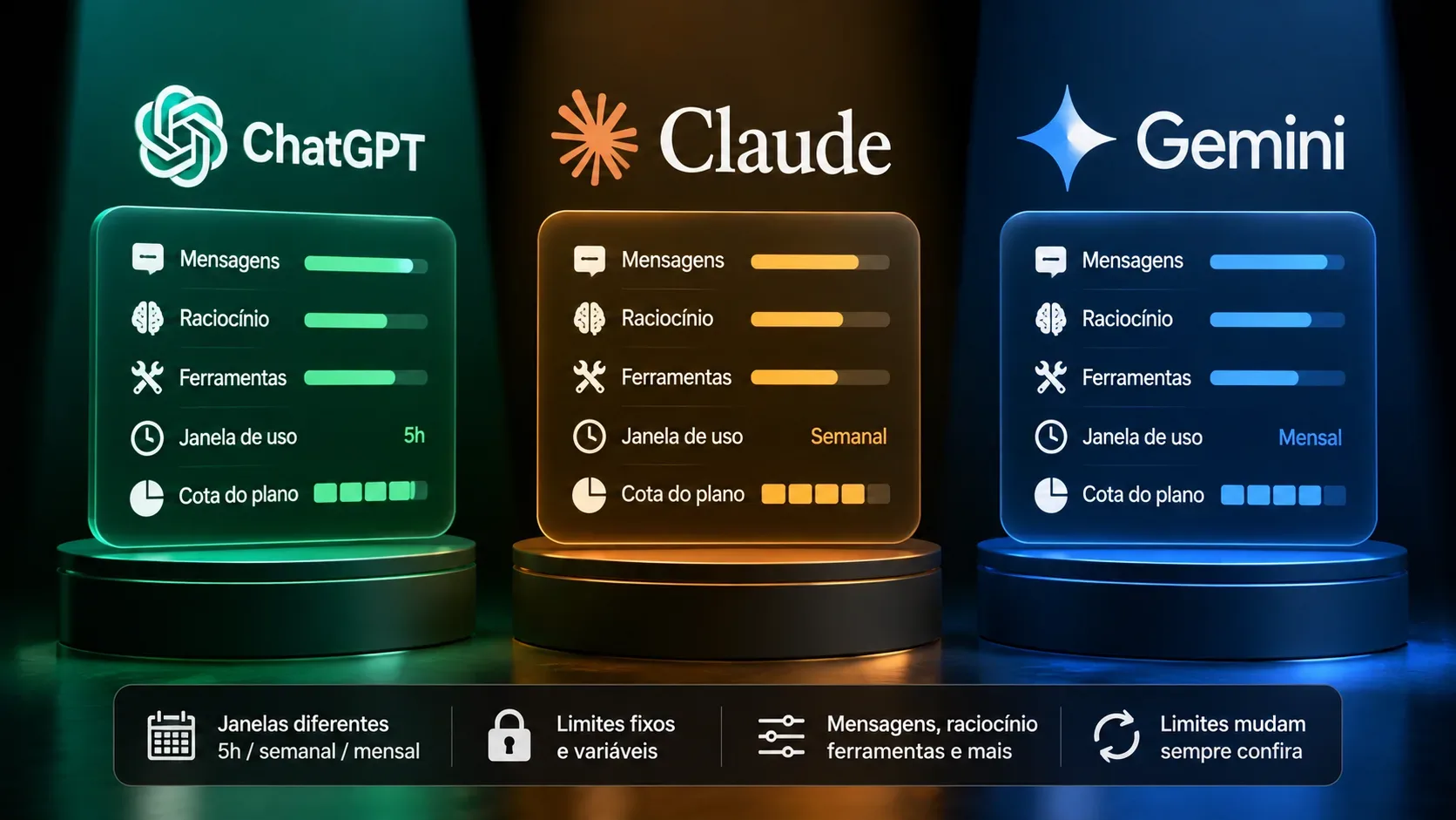 Comparação visual em três painéis iluminados para ChatGPT, Claude e Gemini, com indicadores de mensagens, raciocínio, ferramentas e janelas de uso.