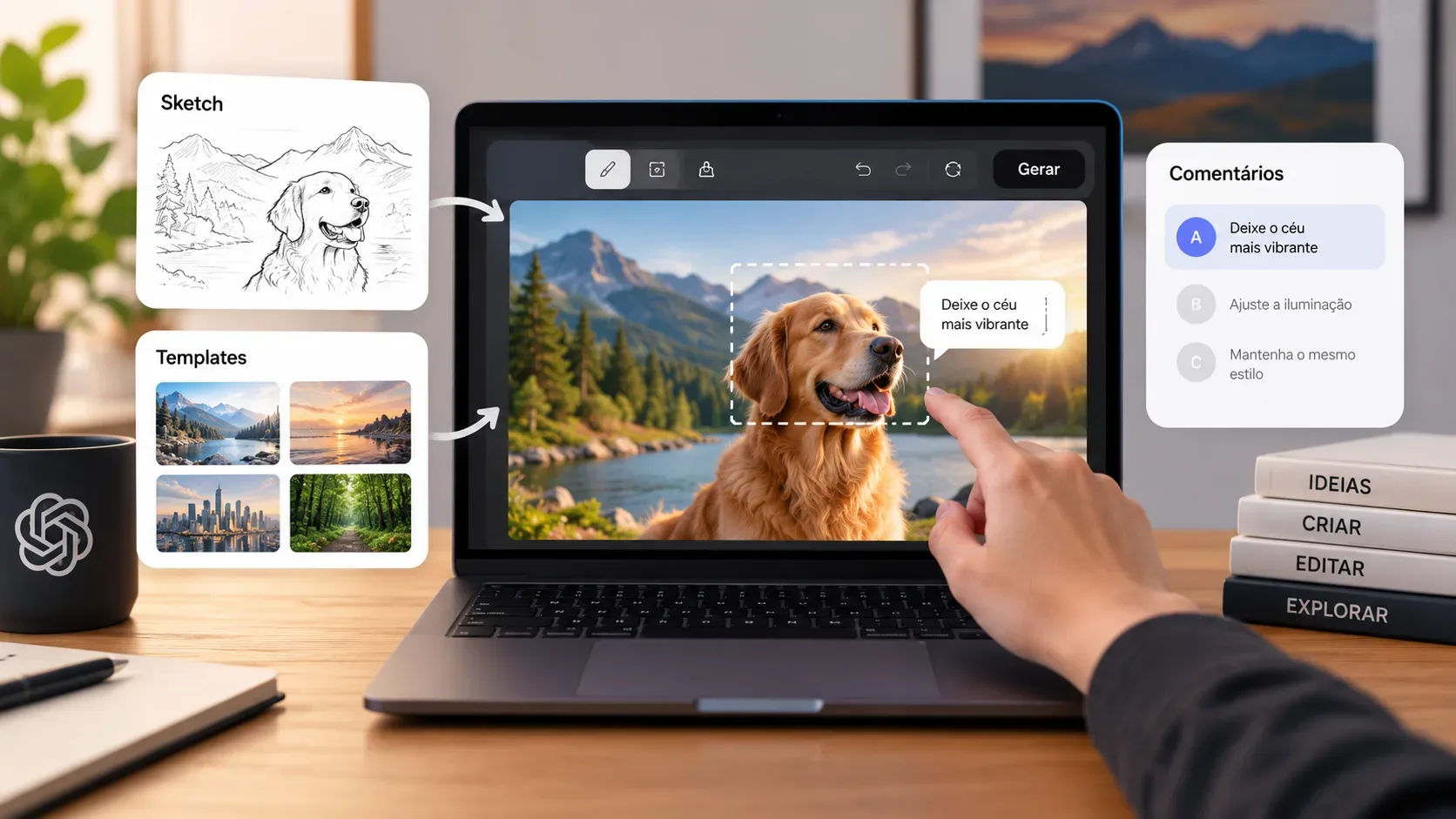 Laptop com editor de imagem de IA exibindo um golden retriever em uma paisagem, ao lado de cartões de Sketch e Templates e um painel de comentários.
