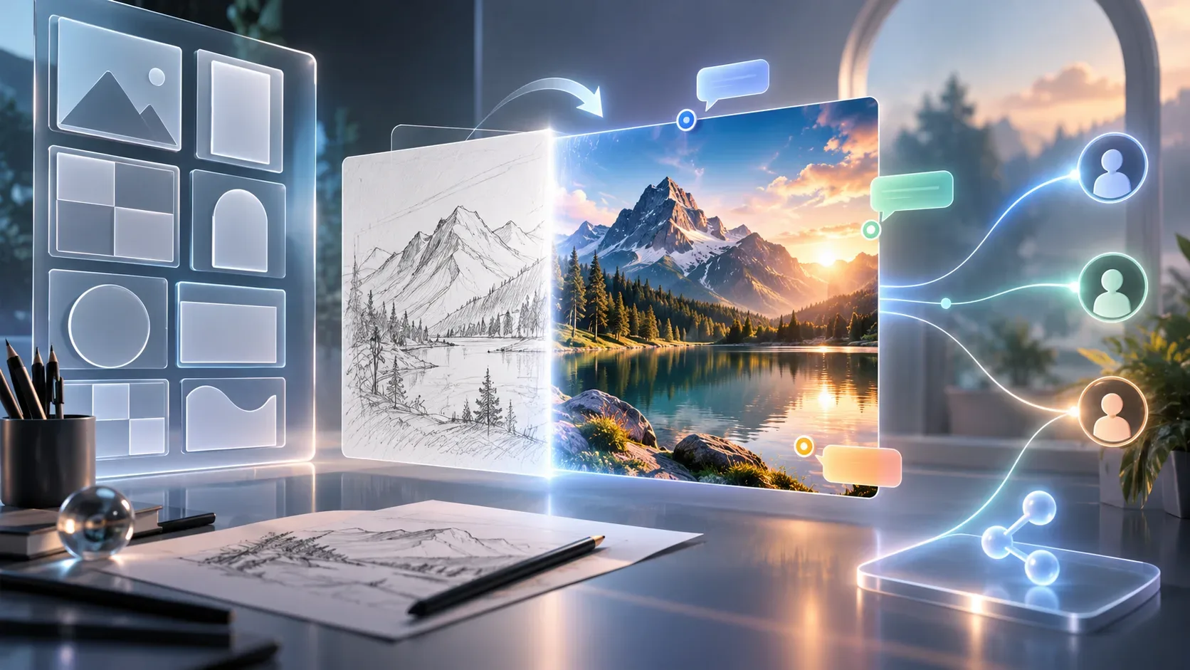 Ambiente criativo futurista com esboço de montanha se transformando em paisagem final, molduras de templates, comentários visuais e conexões de compartilhamento.