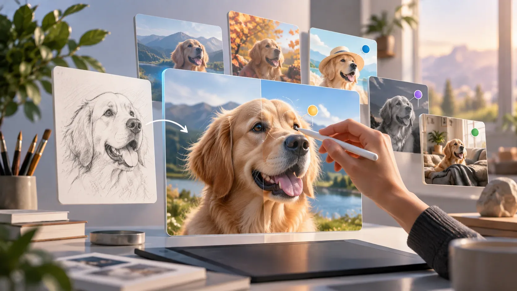 Mesa de criação digital com retrato de um golden retriever em edição, esboço ao lado, variações de imagem e marcadores de comentário.