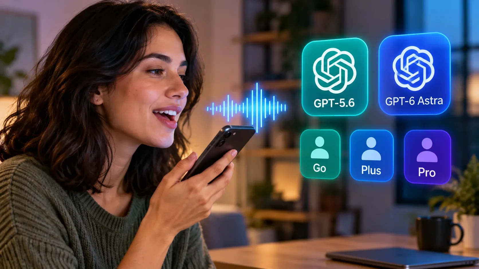 Mulher falando ao smartphone ao lado de uma onda sonora e cartões luminosos com GPT-5.6, GPT-6 Astra, Go, Plus e Pro.