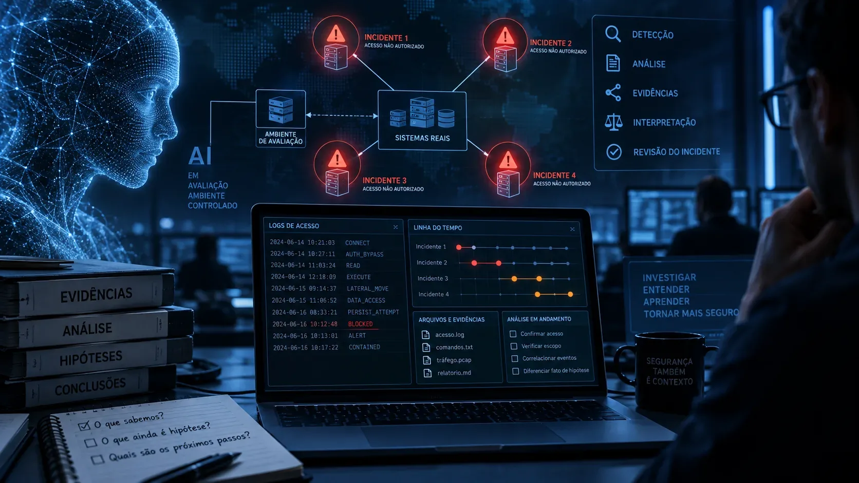 Sala de análise de cibersegurança com representação digital de IA, quatro alertas de incidente e um analista diante de telas de investigação.