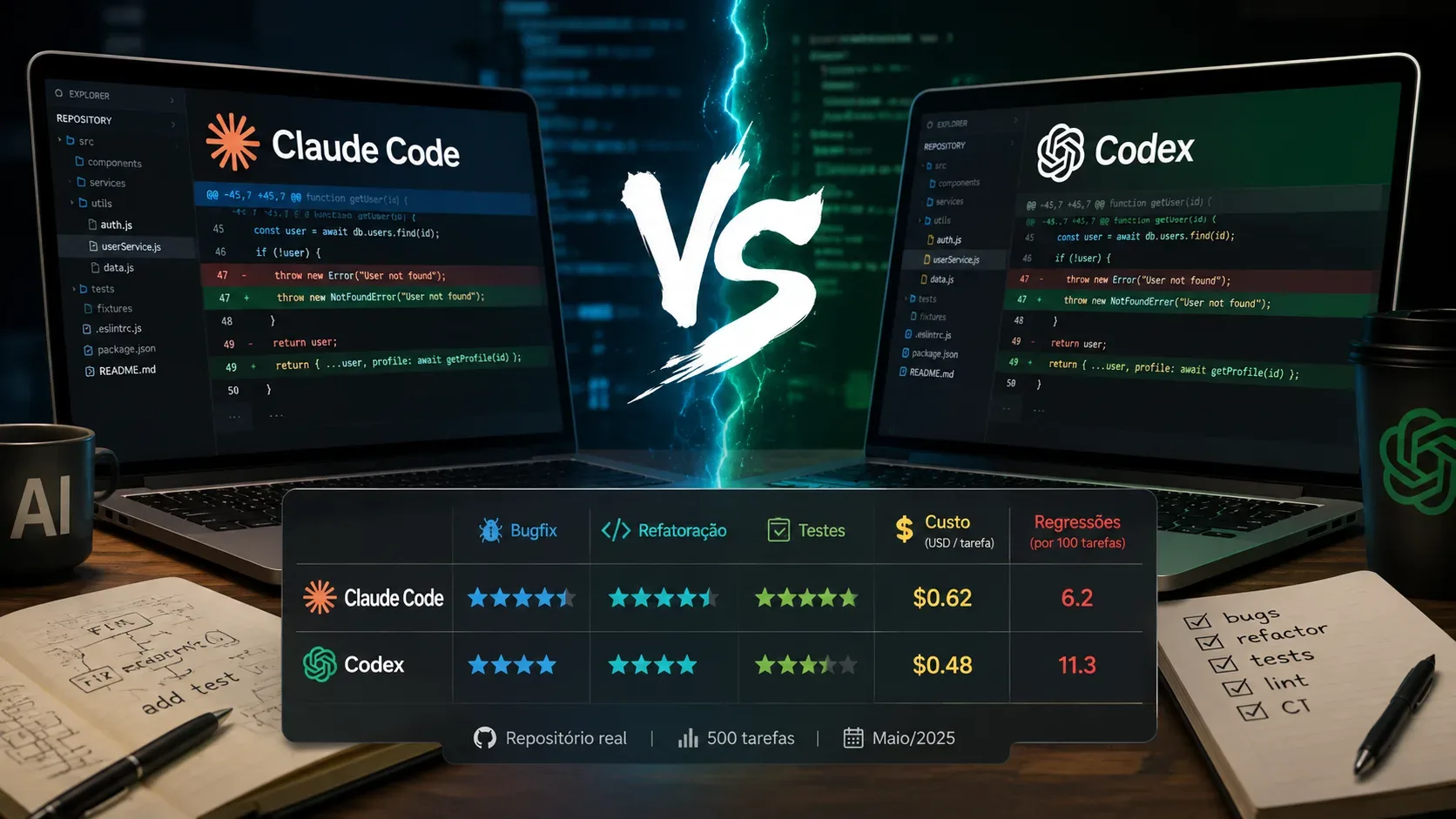 Dois notebooks lado a lado exibem diffs de código de Claude Code e Codex, com um painel comparativo de métricas ao centro.