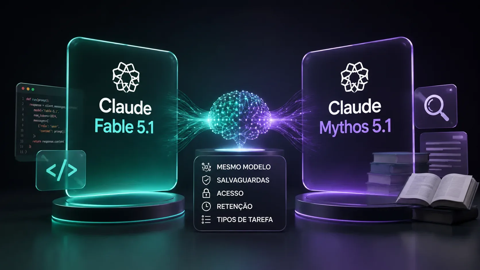 Comparação visual futurista entre Claude Fable 5.1 e Claude Mythos 5.1, ligados por um núcleo de rede neural, com referências a coding e pesquisa.
