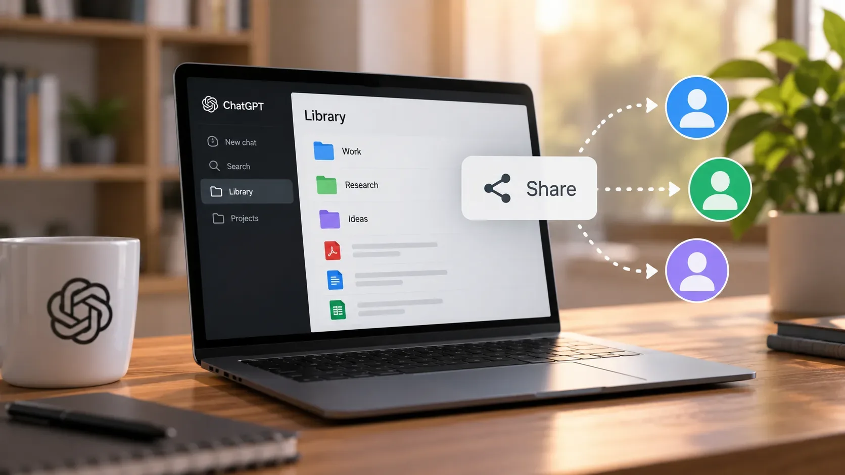 Notebook sobre mesa exibindo a Library do ChatGPT com um painel de compartilhamento e três ícones de colaboradores ligados por setas pontilhadas.