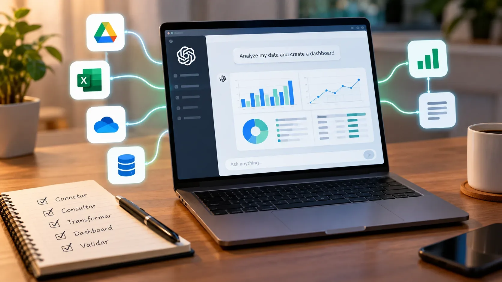 Laptop sobre mesa exibindo dashboard de dados com gráficos, cercado por ícones de fontes conectadas e um caderno de tarefas.