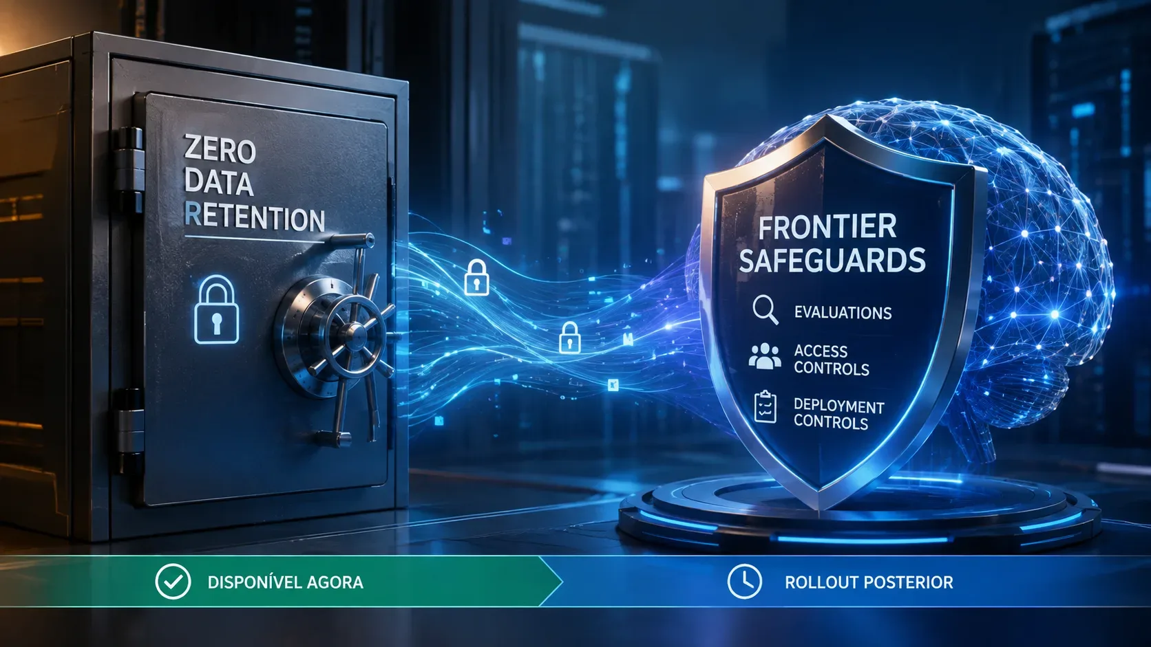 Cofre digital marcado como Zero Data Retention conectado por fluxos luminosos a um escudo Frontier Safeguards diante de um cérebro em rede, com faixa de disponibilidade e rollout.