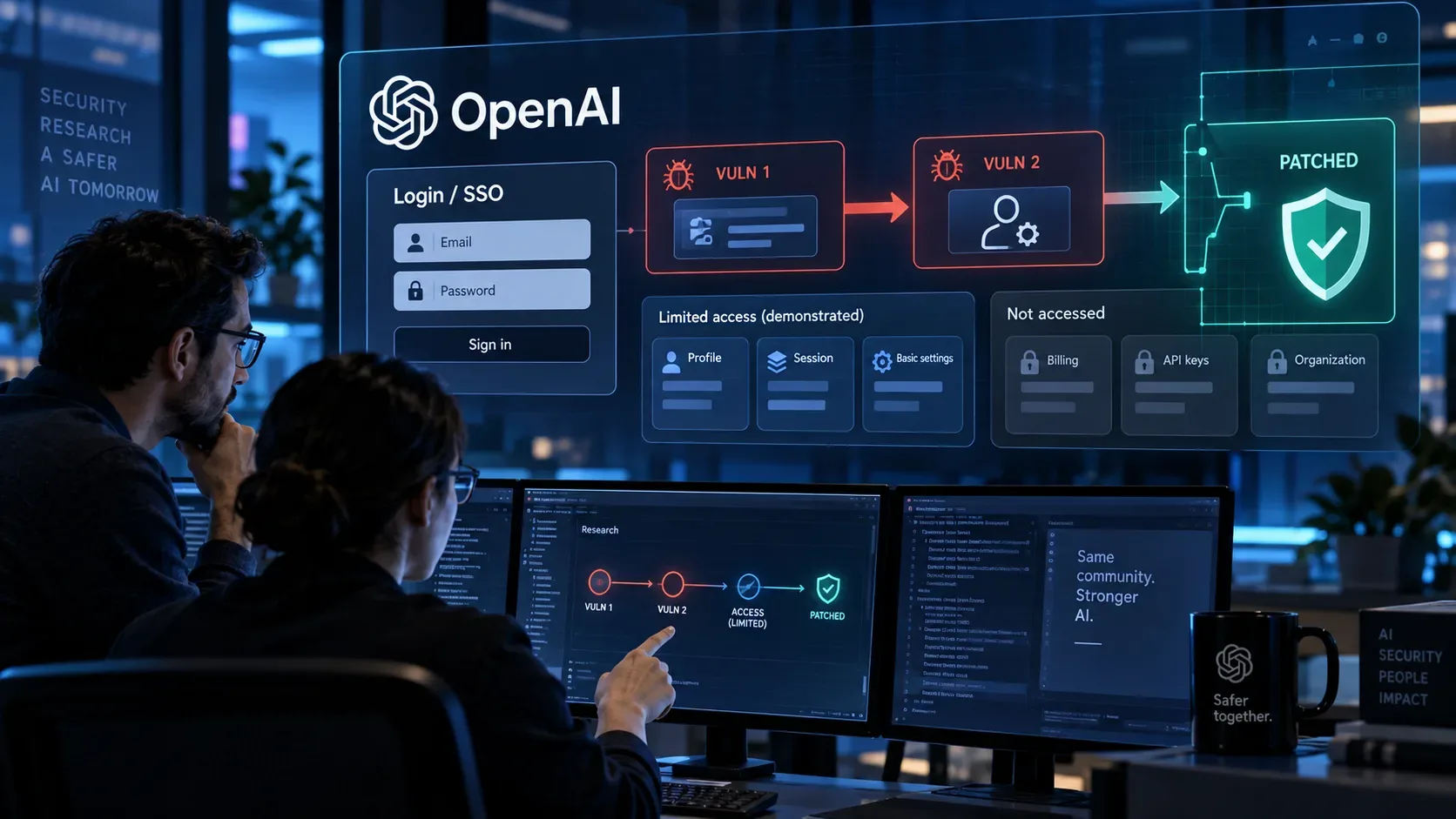 Pesquisadores analisam em monitores um fluxo visual de login e SSO da OpenAI com duas vulnerabilidades encadeadas, acesso limitado e um escudo indicando correção.