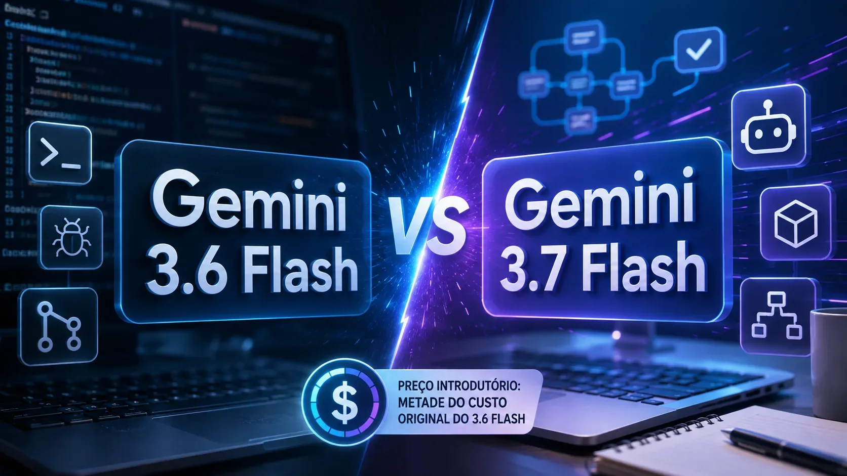 Tela dividida em azul e roxo compara Gemini 3.6 Flash e Gemini 3.7 Flash, com ícones de código, automação e um destaque para o preço introdutório.
