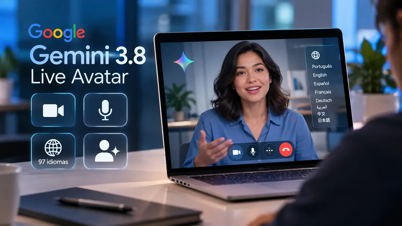 Notebook em ambiente corporativo exibindo uma mulher como avatar de IA em videochamada, com controles de voz, vídeo e opções de idiomas ao redor.