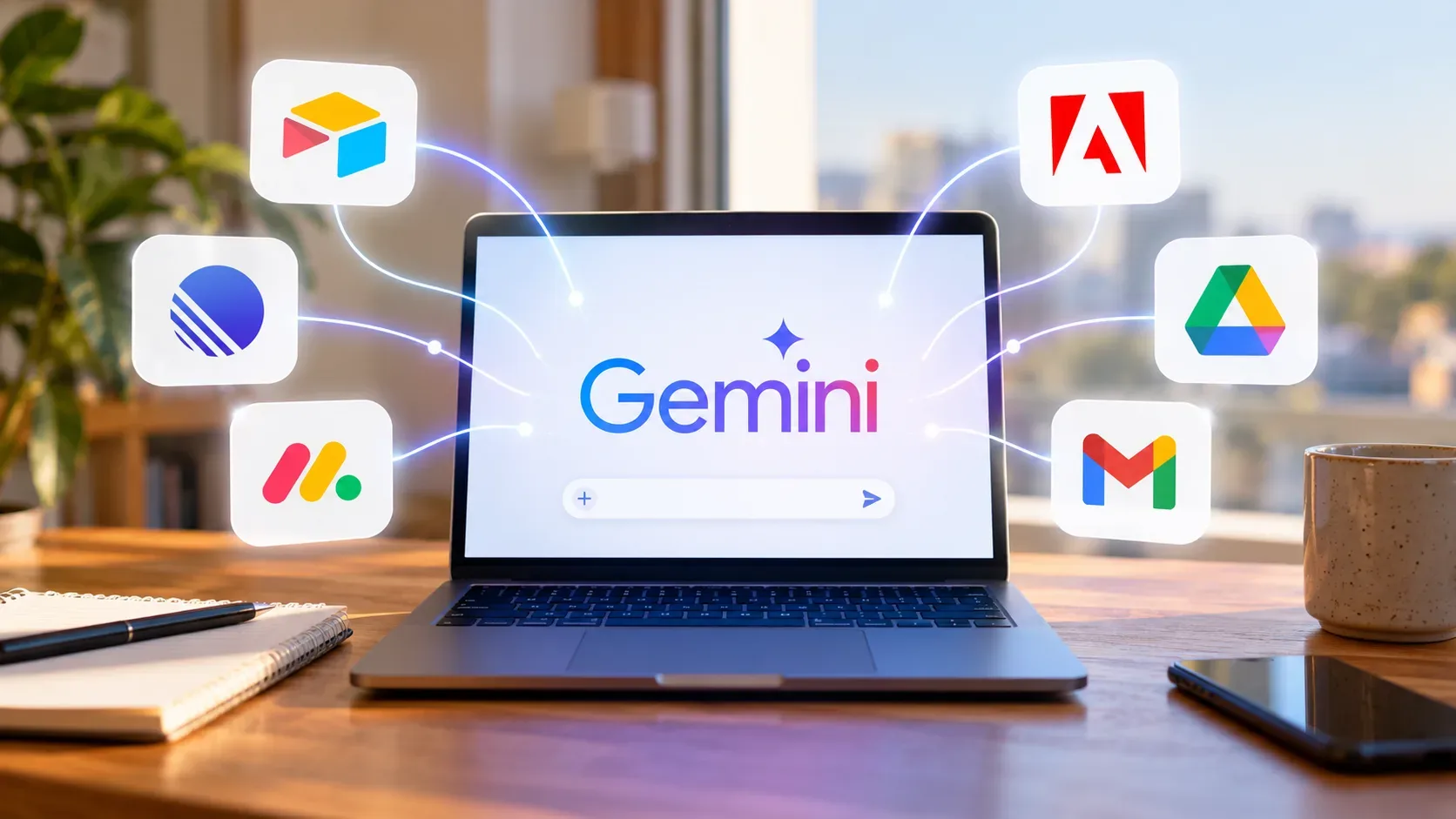 Notebook sobre uma mesa exibindo a palavra Gemini, ligado por linhas luminosas a ícones de aplicativos de produtividade e criação.