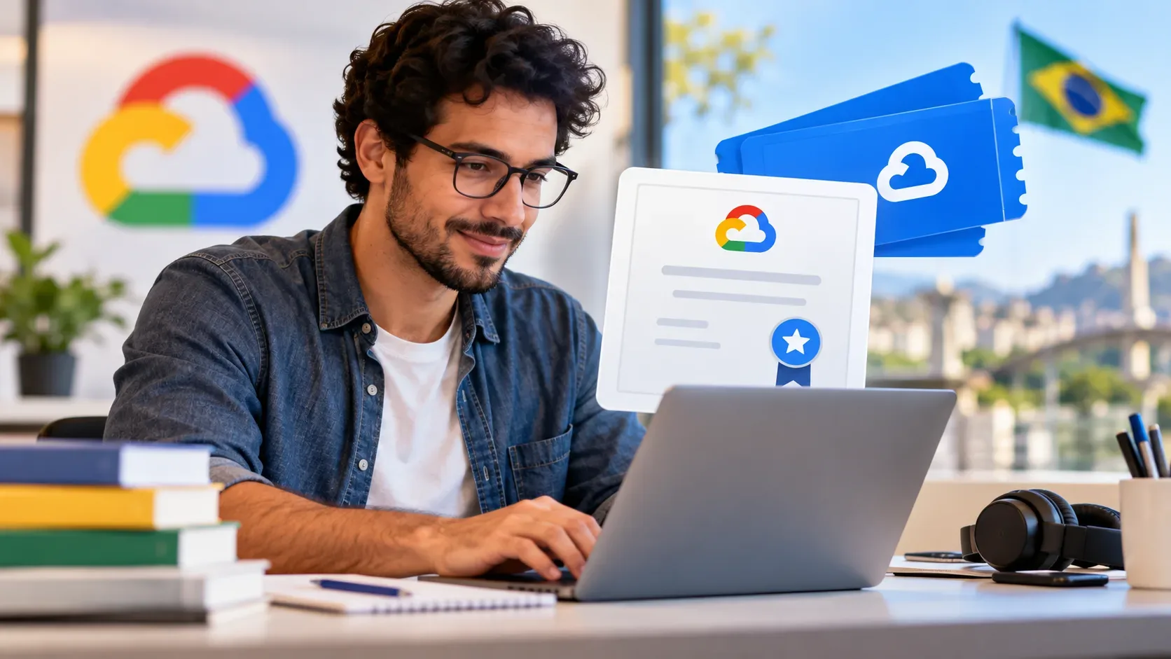 Desenvolvedor usando notebook em ambiente de estudo, com elementos visuais de certificação, vouchers do Google Cloud e uma bandeira do Brasil ao fundo.