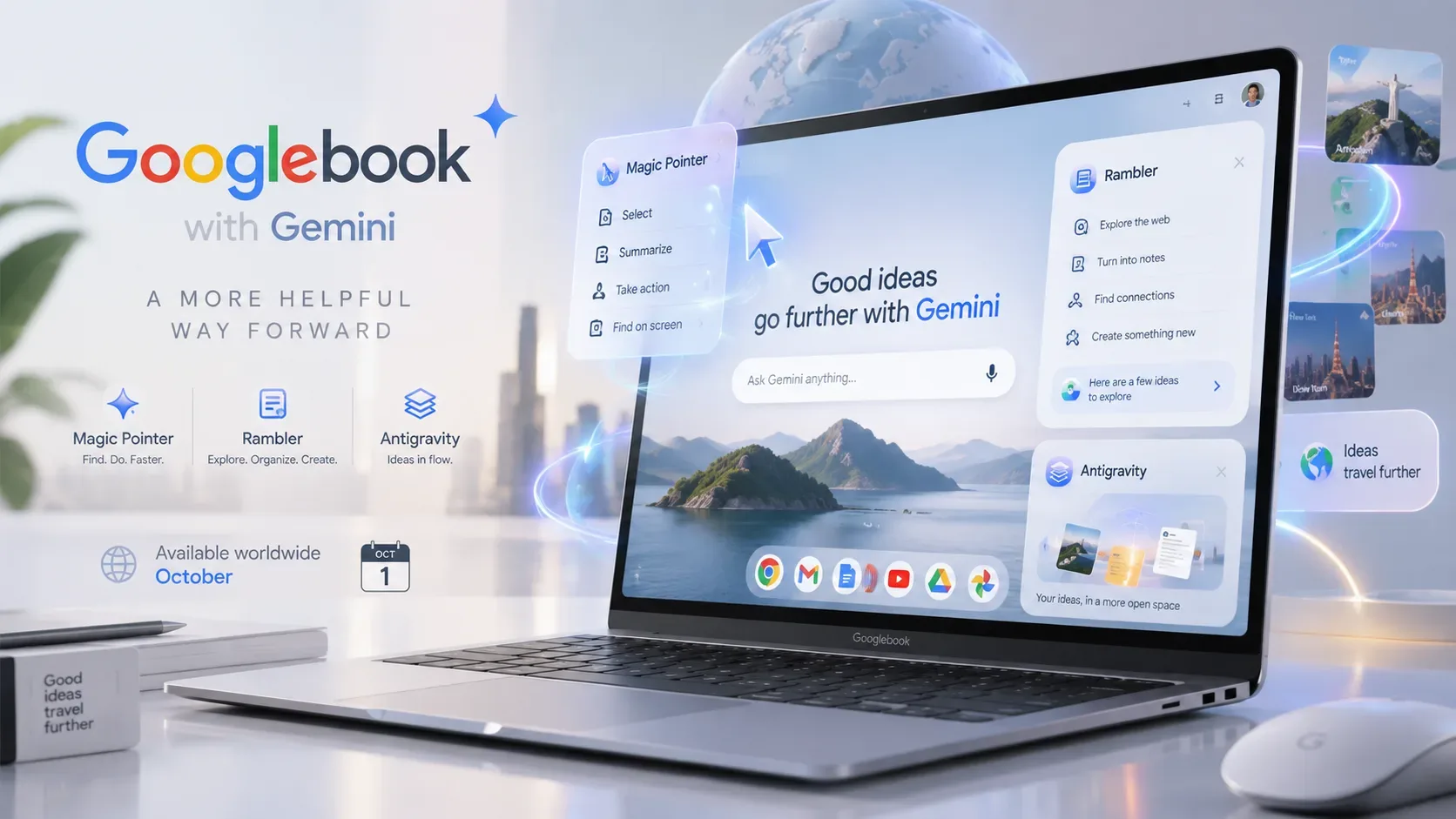 Notebook Googlebook aberto em uma mesa, com painéis de Gemini, Magic Pointer, Rambler e Antigravity ao redor da tela.