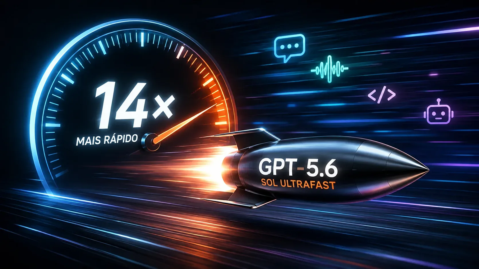 Ilustração futurista com velocímetro marcando 14×, foguete rotulado GPT-5.6 Sol Ultrafast e trilhas luminosas sugerindo alta velocidade.
