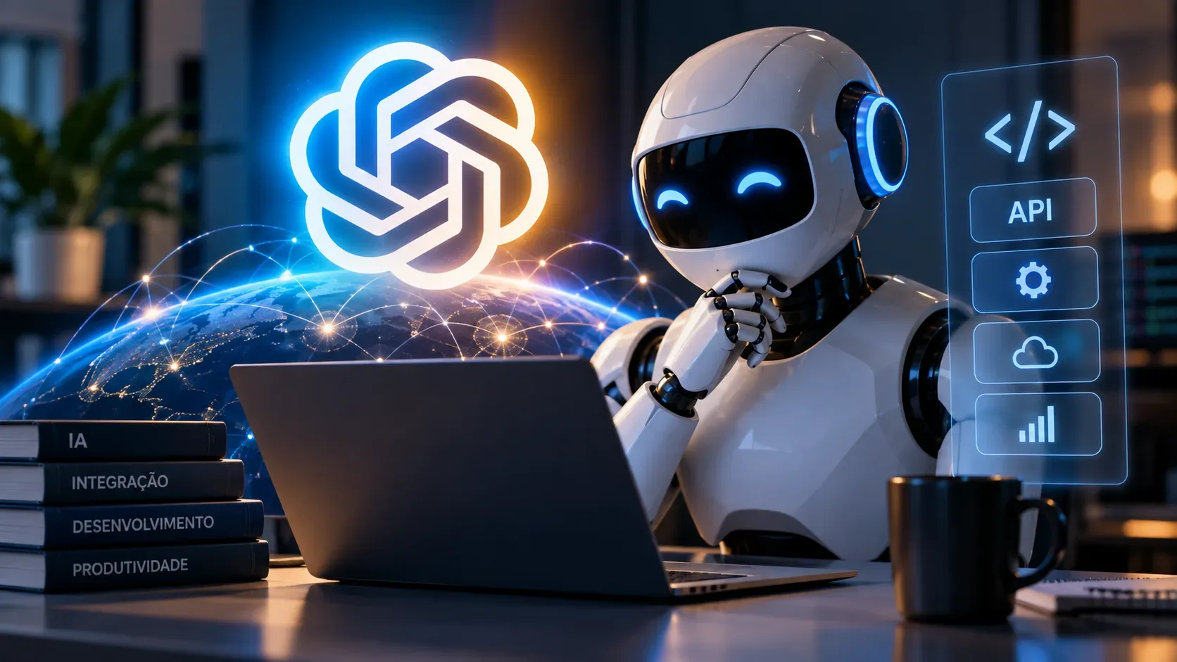Robô humanoide usando notebook diante de um globo conectado, com painel translúcido de API e símbolos de código em um ambiente tecnológico.