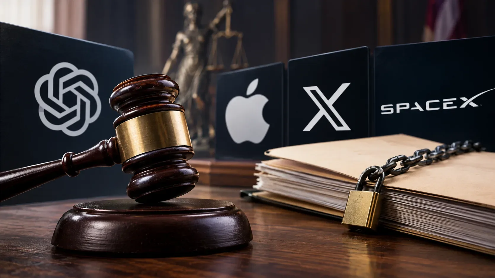 Martelo de juiz ao lado de pastas acorrentadas, com painéis escuros exibindo símbolos associados a OpenAI, Apple, X e ao grupo espacial de Musk.
