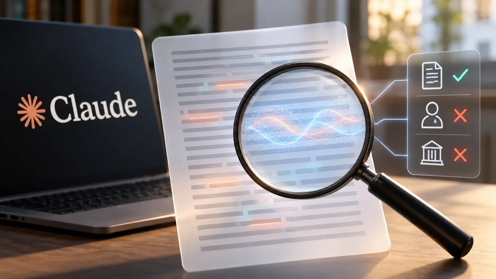 Notebook com o nome Claude ao lado de um documento estilizado examinado por uma lupa, com ondas digitais e ícones de verificação ao fundo.
