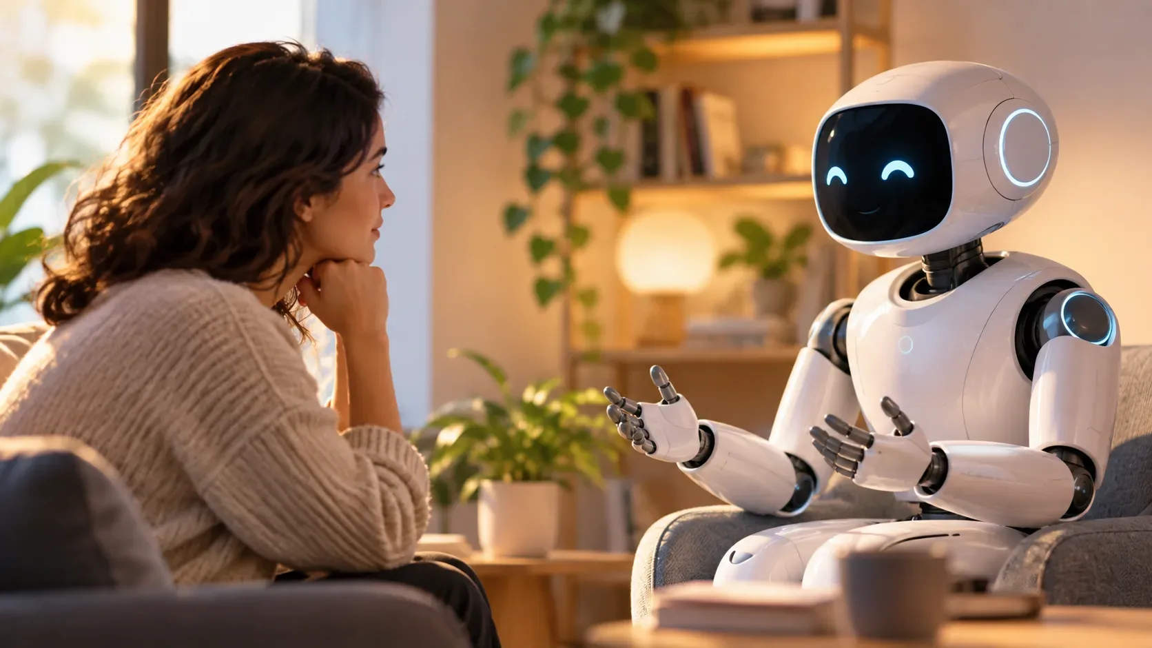 Mulher em ambiente doméstico conversa com robô humanoide sentado diante dela, representando interação entre IA e apoio emocional.