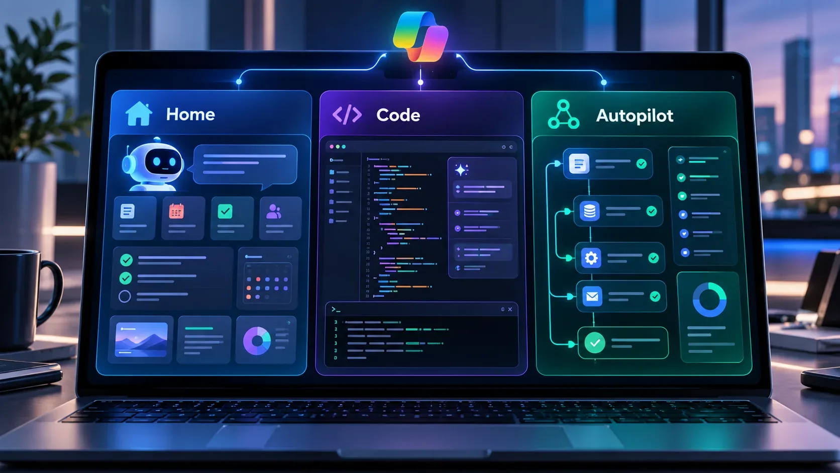 Notebook exibindo uma interface conceitual do Copilot dividida em três painéis identificados como Home, Code e Autopilot, com elementos de produtividade, programação e automação.