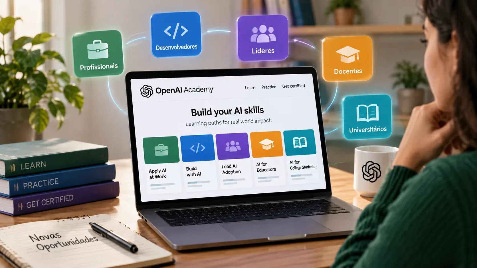 Pessoa diante de notebook com a OpenAI Academy aberta, cercada por ícones coloridos de profissionais, desenvolvedores, líderes, docentes e universitários.