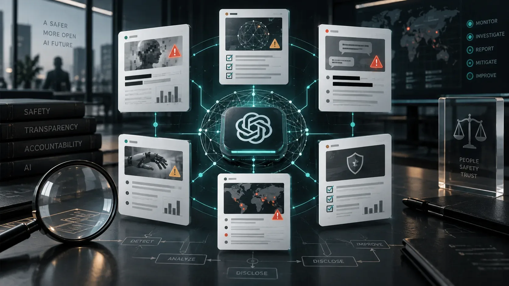 Núcleo de inteligência artificial com símbolo da OpenAI cercado por seis cartões de relatório, alertas de segurança e elementos visuais de auditoria.